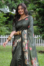 Jyoti Fashion Women's Mehendi Soft Tussar Silk Floral Printed Saree with Blouse | Grocsy