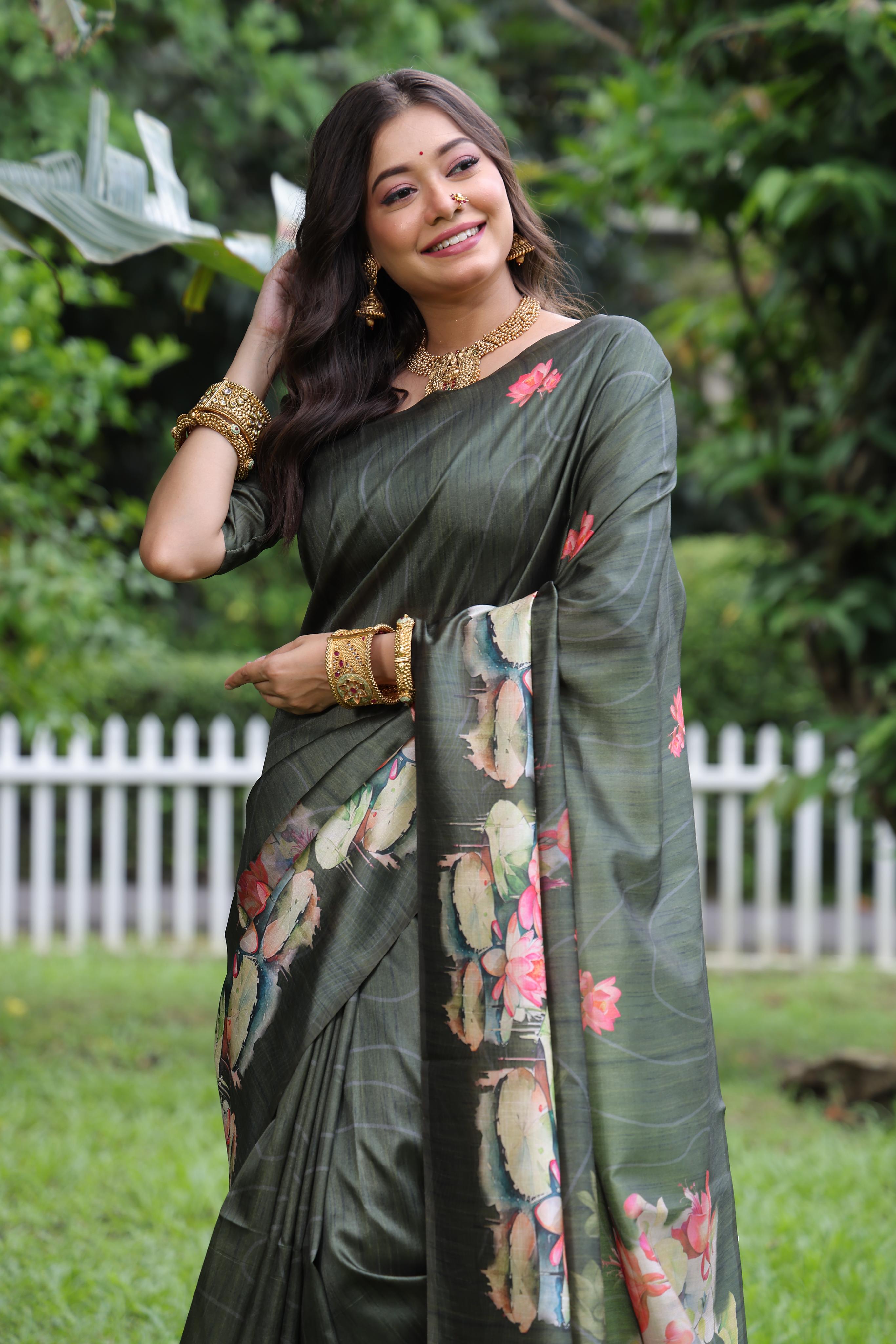 Jyoti Fashion Women's Mehendi Soft Tussar Silk Floral Printed Saree with Blouse | Grocsy