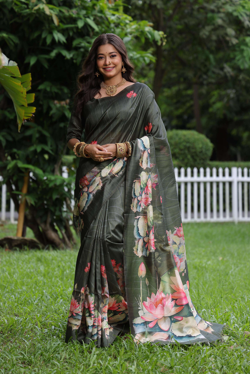 Jyoti Fashion Women's Mehendi Soft Tussar Silk Floral Printed Saree with Blouse | Grocsy
