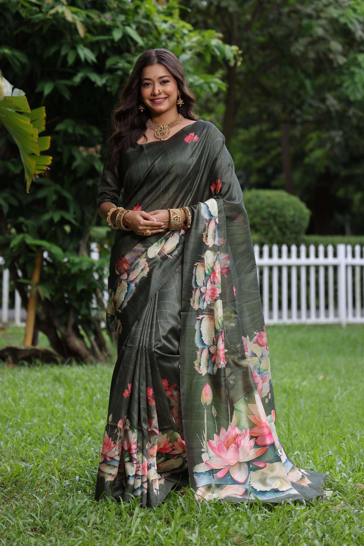 Jyoti Fashion Women's Mehendi Soft Tussar Silk Floral Printed Saree with Blouse | Grocsy