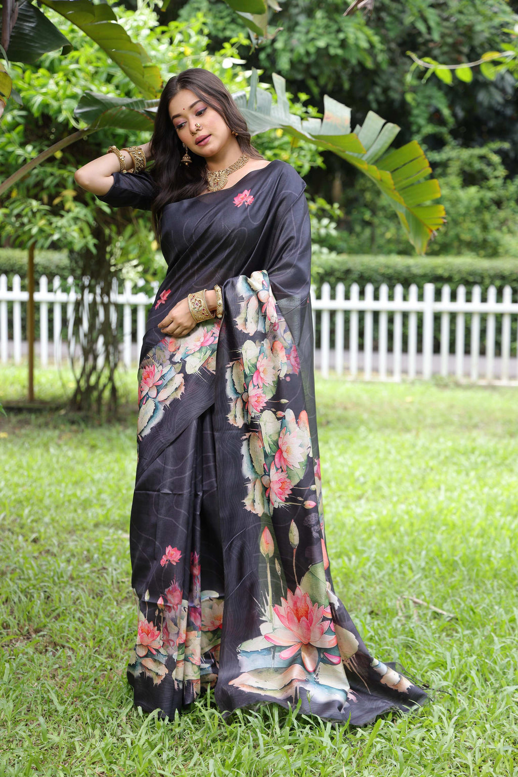 Jyoti Fashion Women's Black Soft Tussar Silk Floral Printed Saree with Blouse | Grocsy