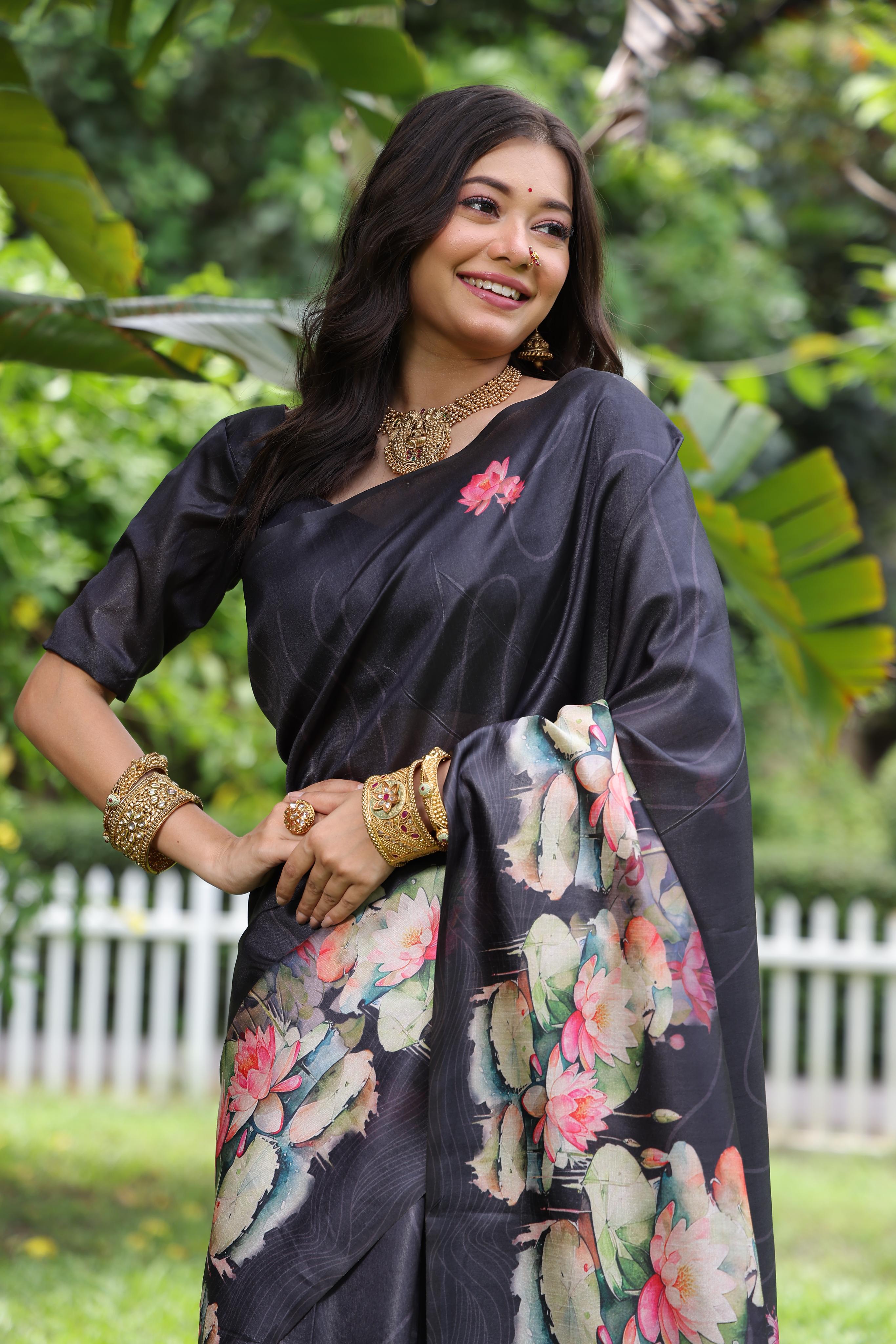 Jyoti Fashion Women's Black Soft Tussar Silk Floral Printed Saree with Blouse | Grocsy