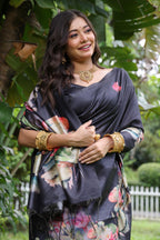 Jyoti Fashion Women's Black Soft Tussar Silk Floral Printed Saree with Blouse | Grocsy