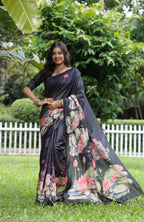 Jyoti Fashion Women's Black Soft Tussar Silk Floral Printed Saree with Blouse | Grocsy