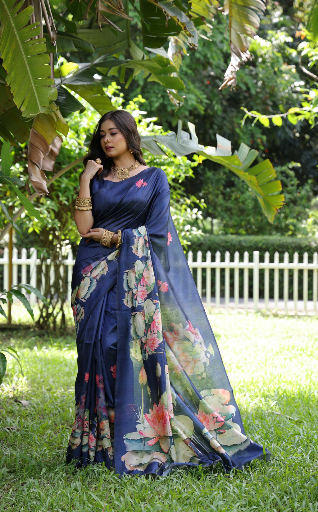 Jyoti Fashion Women's Blue Soft Tussar Silk Floral Printed Saree with Blouse | Grocsy