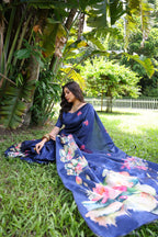Jyoti Fashion Women's Blue Soft Tussar Silk Floral Printed Saree with Blouse | Grocsy