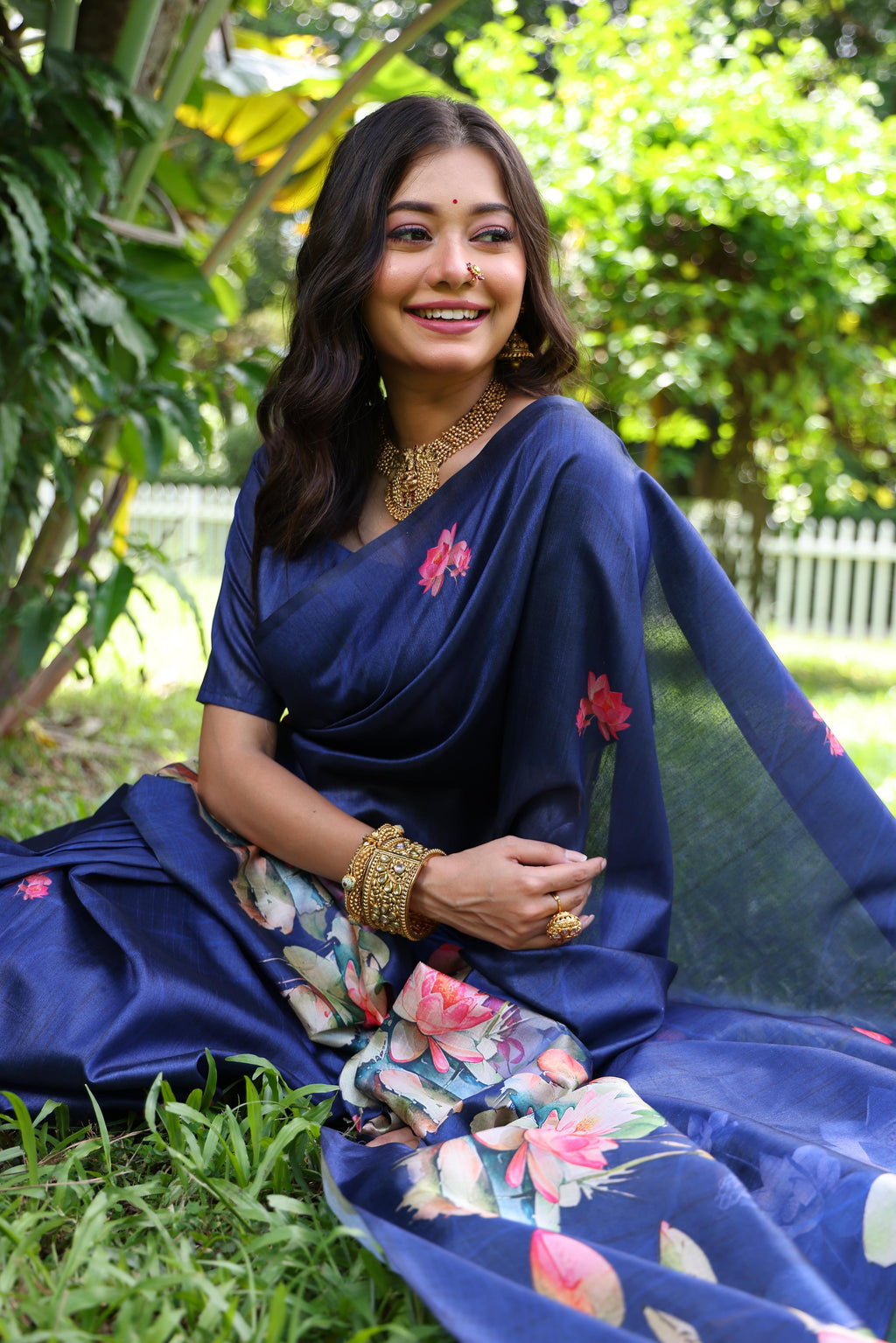 Jyoti Fashion Women's Blue Soft Tussar Silk Floral Printed Saree with Blouse | Grocsy