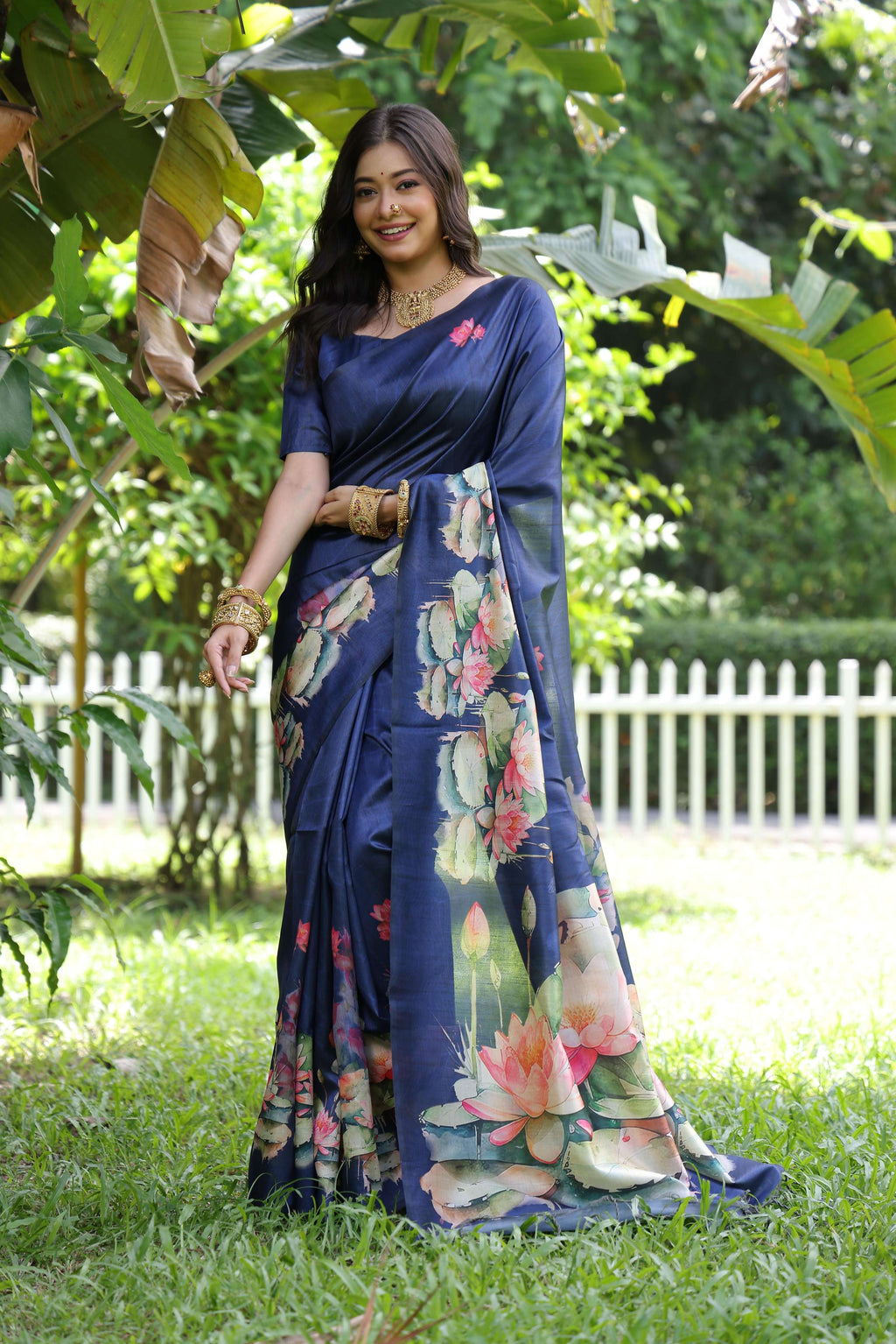 Jyoti Fashion Women's Blue Soft Tussar Silk Floral Printed Saree with Blouse | Grocsy
