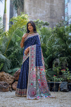 Jyoti Fashion Women's Navy Blue Soft Tussar Silk Madhubani Printed Saree with Blouse | Grocsy