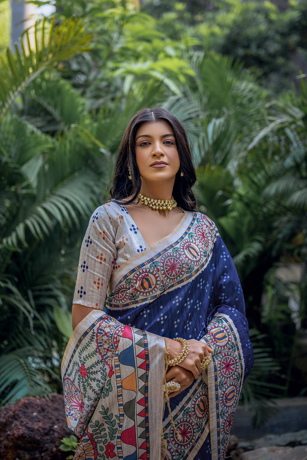 Jyoti Fashion Women's Navy Blue Soft Tussar Silk Madhubani Printed Saree with Blouse | Grocsy