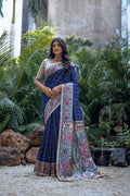 Jyoti Fashion Women's Navy Blue Soft Tussar Silk Madhubani Printed Saree with Blouse | Grocsy