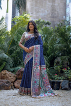 Jyoti Fashion Women's Navy Blue Soft Tussar Silk Madhubani Printed Saree with Blouse | Grocsy