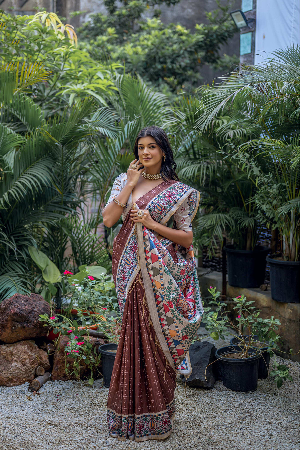 Jyoti Fashion Women's Brown Soft Tussar Silk Madhubani Printed Saree with Blouse | Grocsy