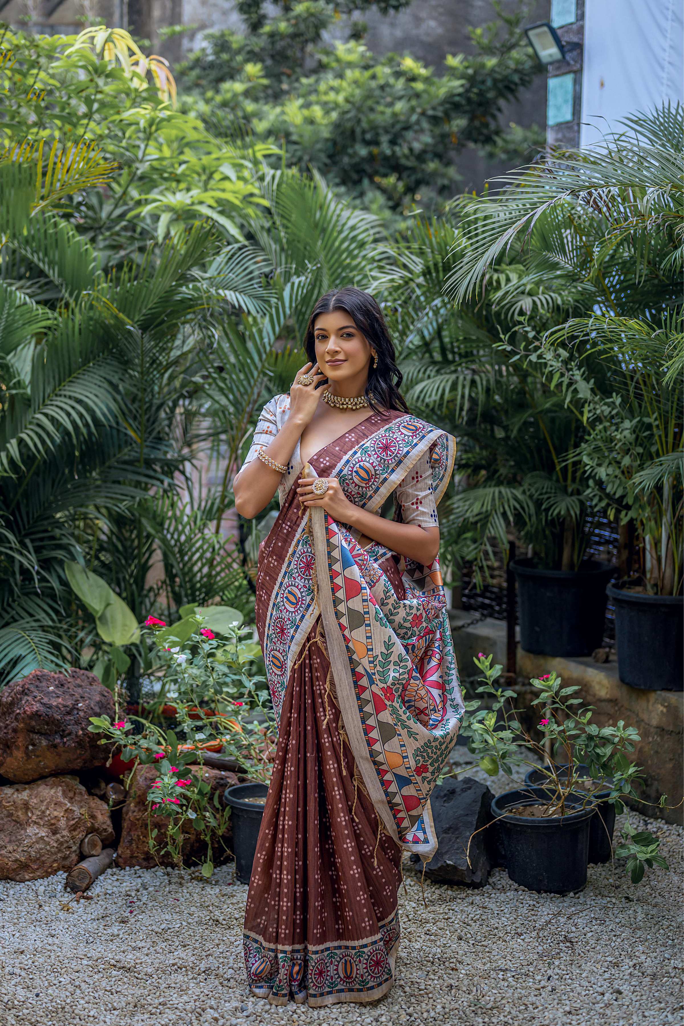 Jyoti Fashion Women's Brown Soft Tussar Silk Madhubani Printed Saree with Blouse | Grocsy