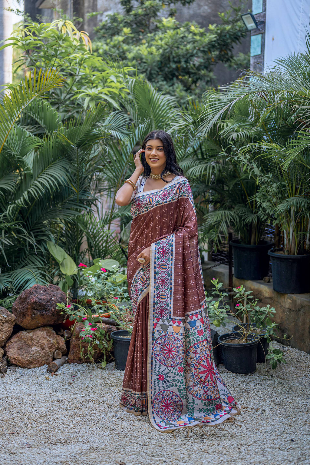 Jyoti Fashion Women's Brown Soft Tussar Silk Madhubani Printed Saree with Blouse | Grocsy