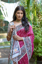 Jyoti Fashion Women's Rani Pink Soft Tussar Silk Madhubani Printed Saree with Blouse | Grocsy