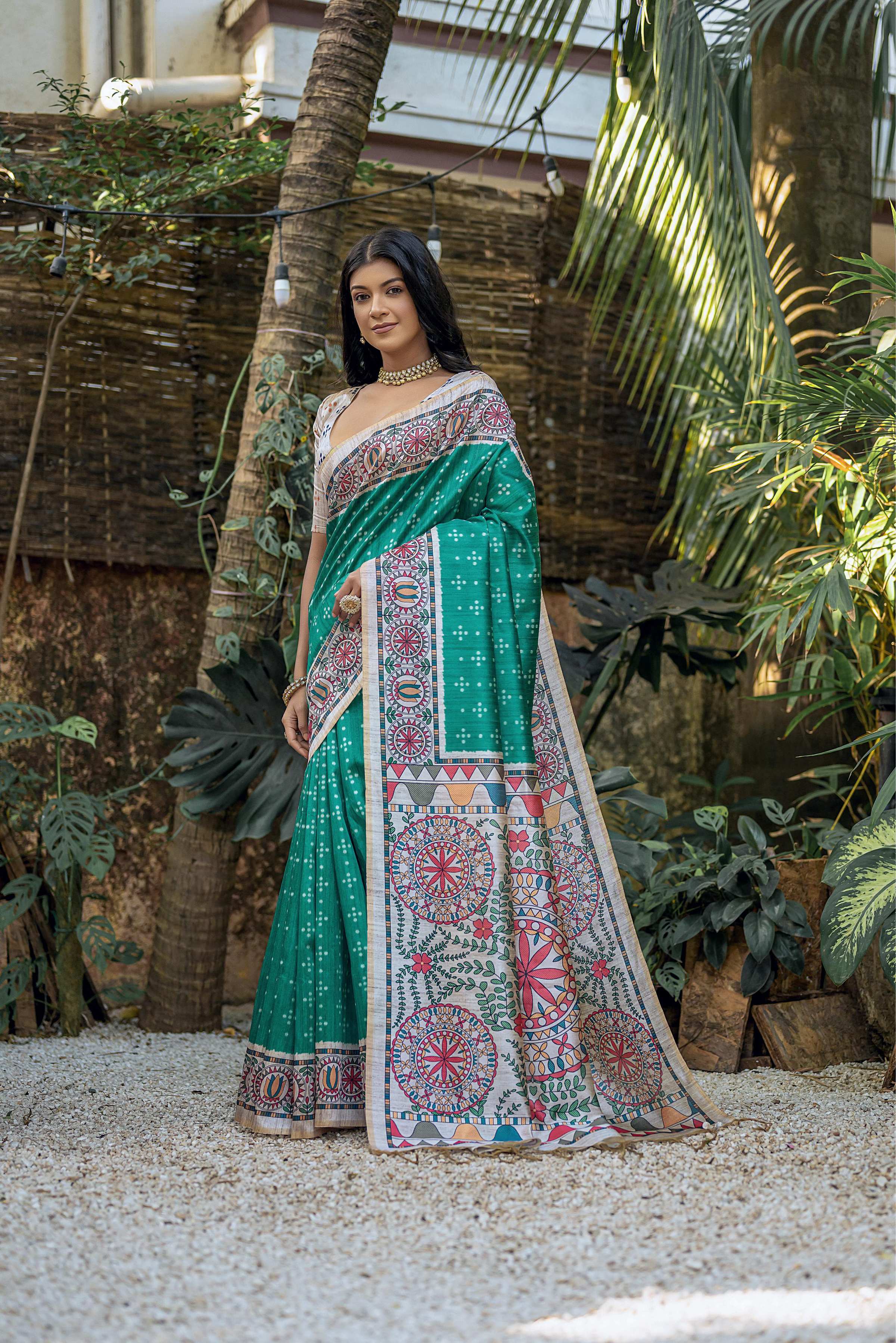 Jyoti Fashion Women's Sea Green Soft Tussar Silk Madhubani Printed Saree with Blouse | Grocsy