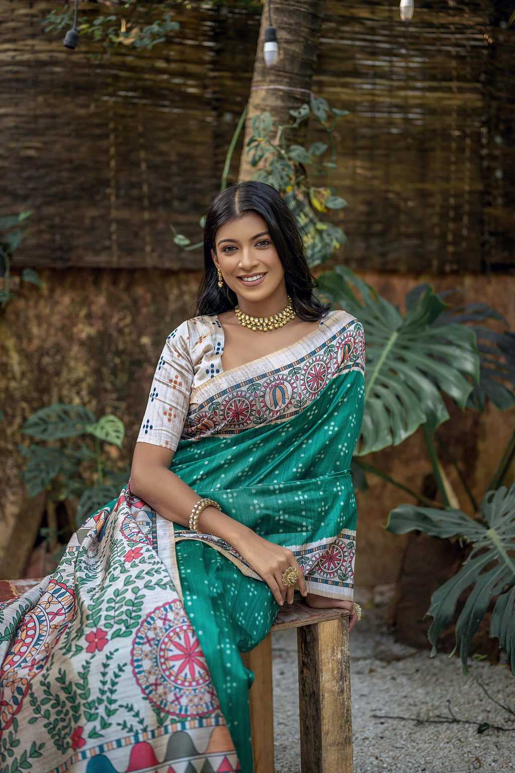 Jyoti Fashion Women's Sea Green Soft Tussar Silk Madhubani Printed Saree with Blouse | Grocsy