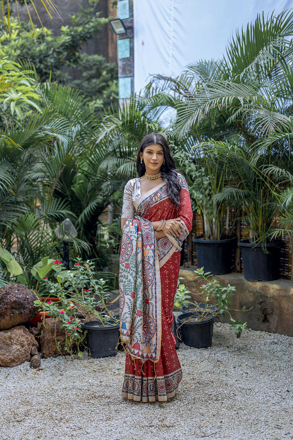 Jyoti Fashion Women's Maroon Soft Tussar Silk Madhubani Printed Saree with Blouse | Grocsy