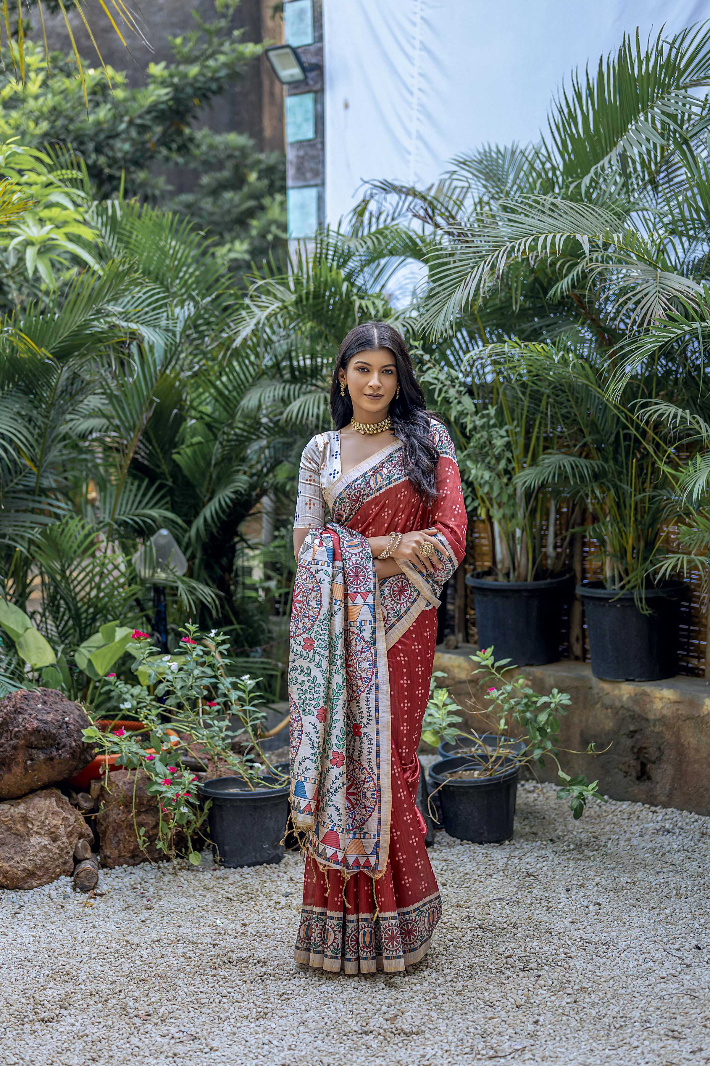 Jyoti Fashion Women's Maroon Soft Tussar Silk Madhubani Printed Saree with Blouse | Grocsy