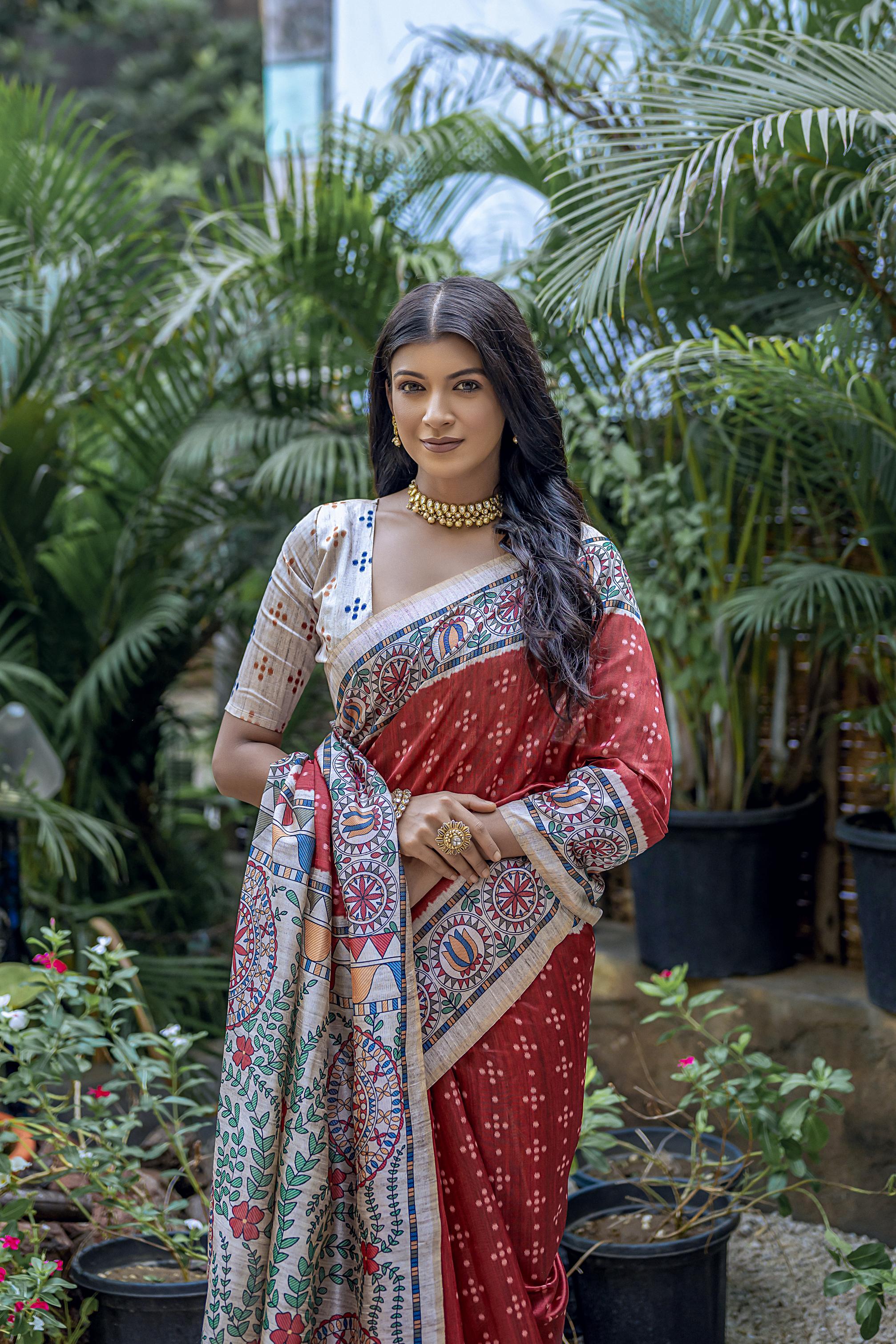 Jyoti Fashion Women's Maroon Soft Tussar Silk Madhubani Printed Saree with Blouse | Grocsy