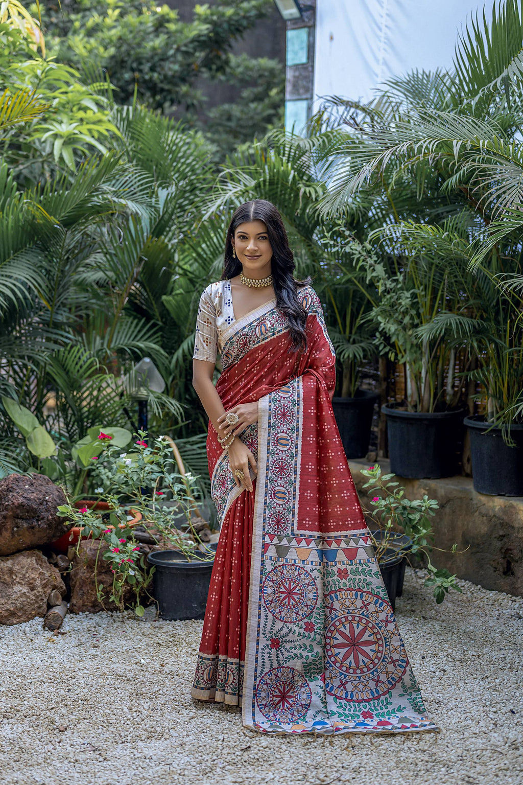 Jyoti Fashion Women's Maroon Soft Tussar Silk Madhubani Printed Saree with Blouse | Grocsy