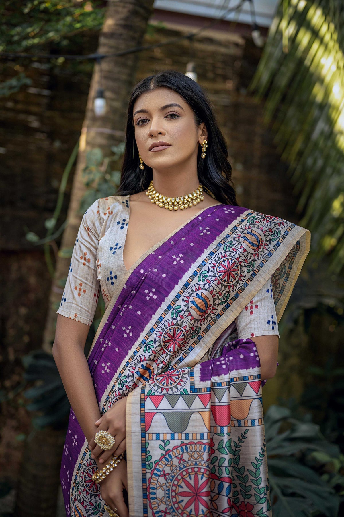 Jyoti Fashion Women's Purple Soft Tussar Silk Madhubani Printed Saree with Blouse | Grocsy
