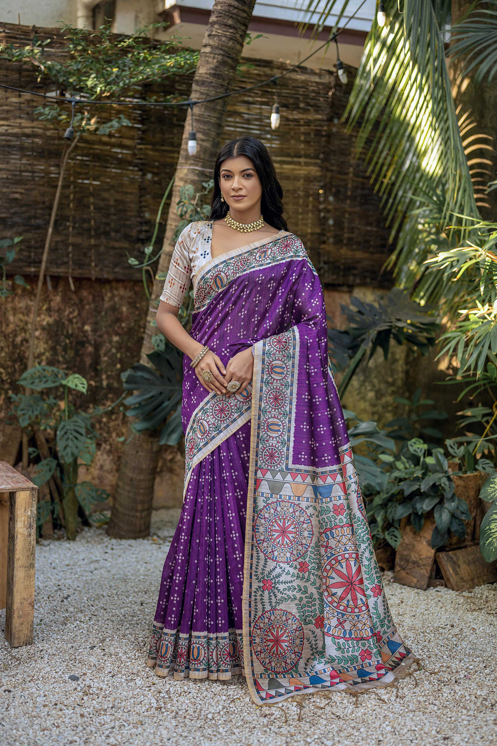 Jyoti Fashion Women's Purple Soft Tussar Silk Madhubani Printed Saree with Blouse | Grocsy