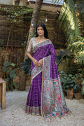 Jyoti Fashion Women's Purple Soft Tussar Silk Madhubani Printed Saree with Blouse | Grocsy