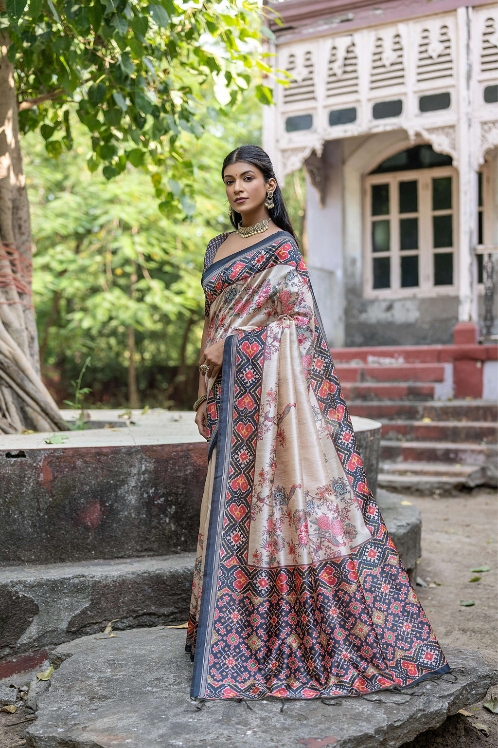 Jyoti Fashion Women's Navy Blue Soft Tussar Silk Floral Printed Saree with Blouse | Grocsy