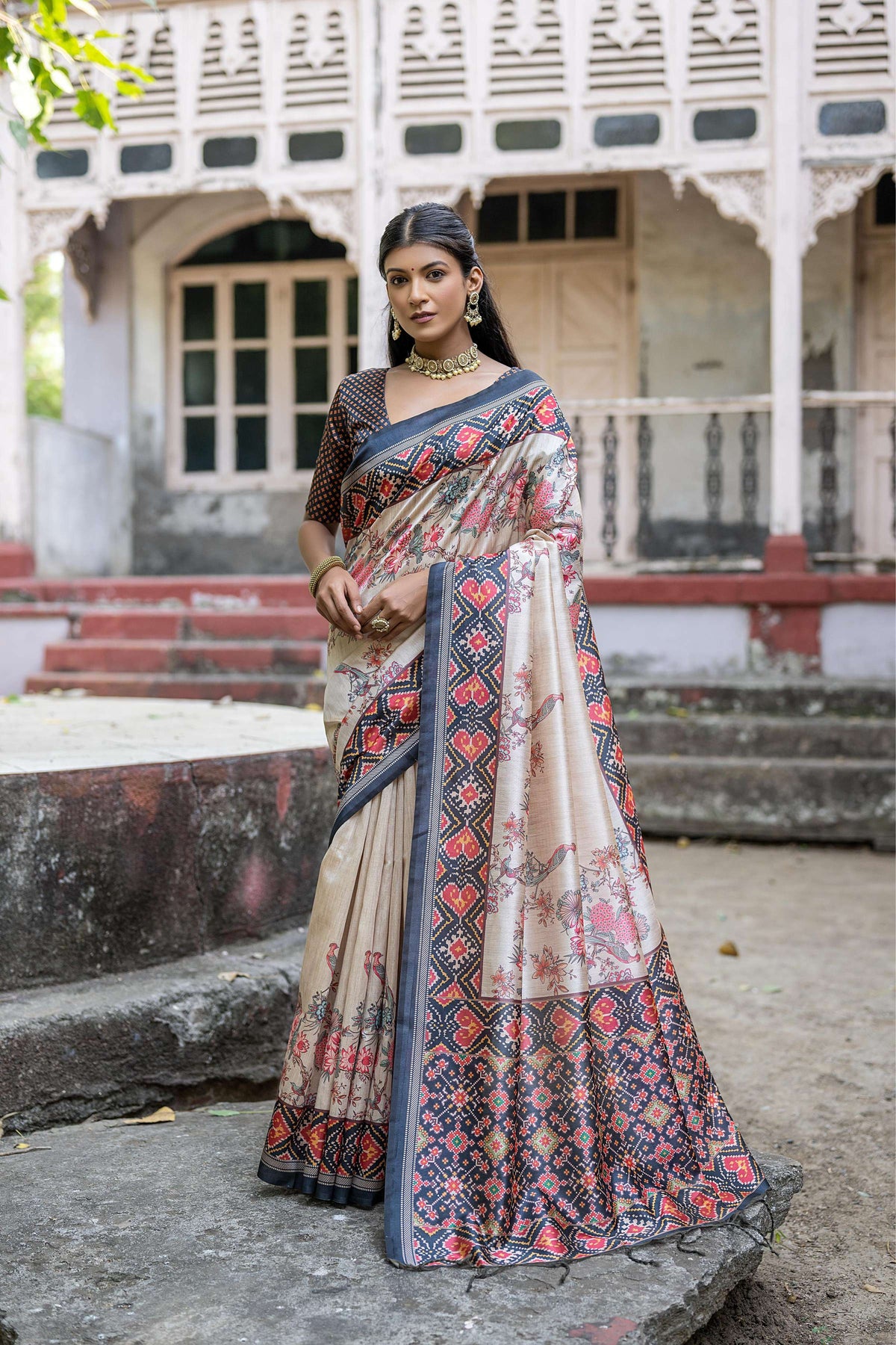 Jyoti Fashion Women's Navy Blue Soft Tussar Silk Floral Printed Saree with Blouse | Grocsy