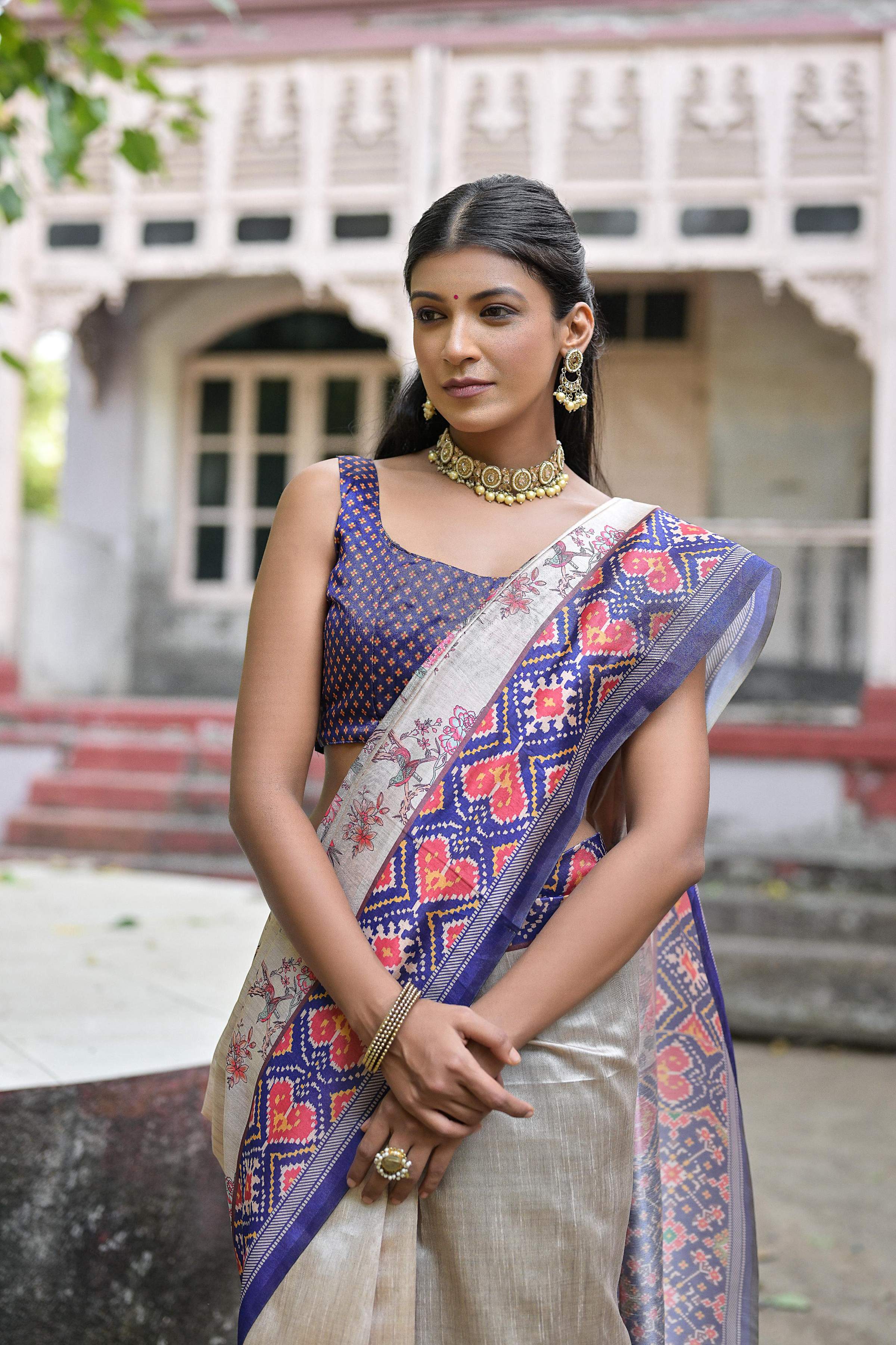 Jyoti Fashion Women's Royal Blue Soft Tussar Silk Floral Printed Saree with Blouse | Grocsy