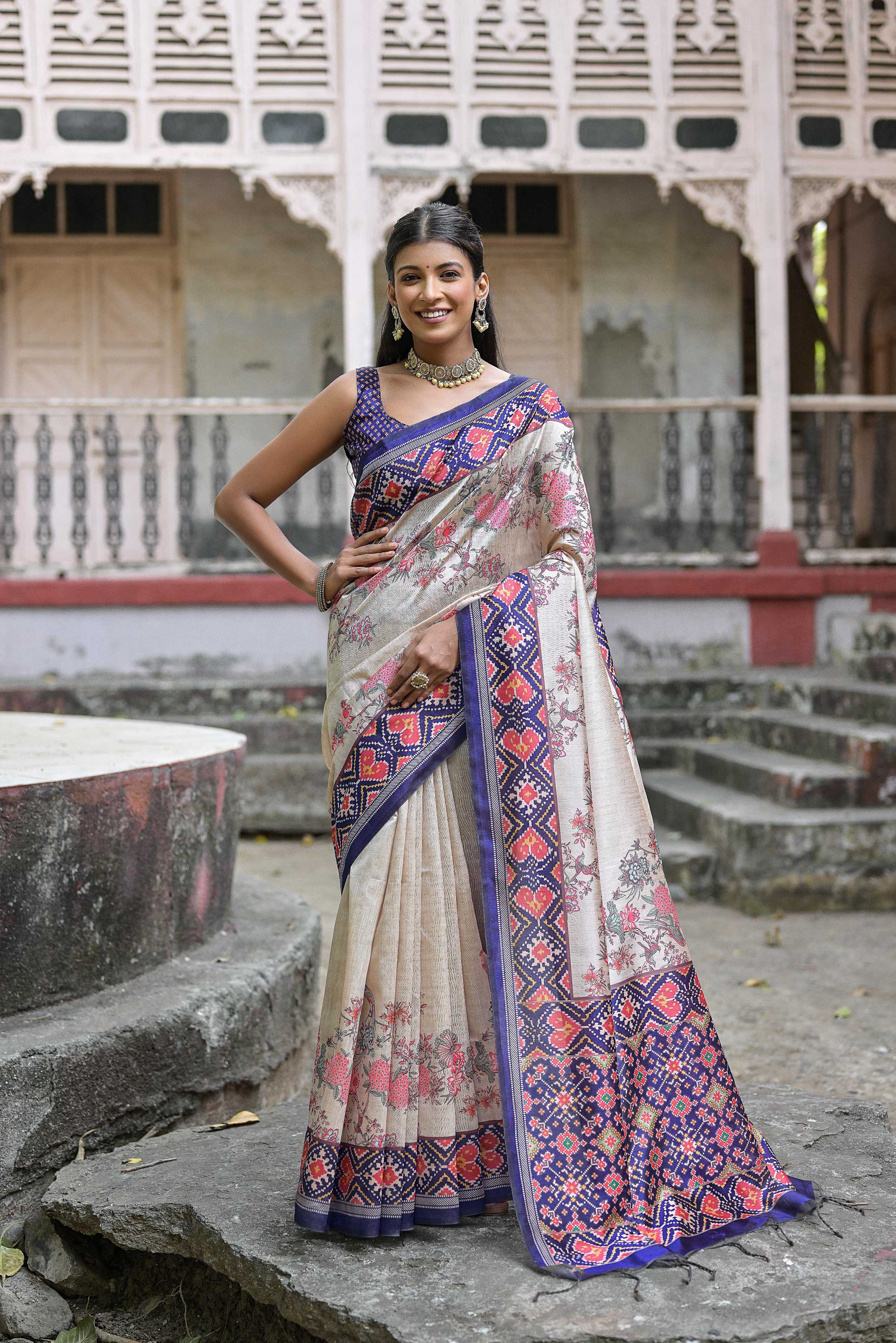 Jyoti Fashion Women's Royal Blue Soft Tussar Silk Floral Printed Saree with Blouse | Grocsy