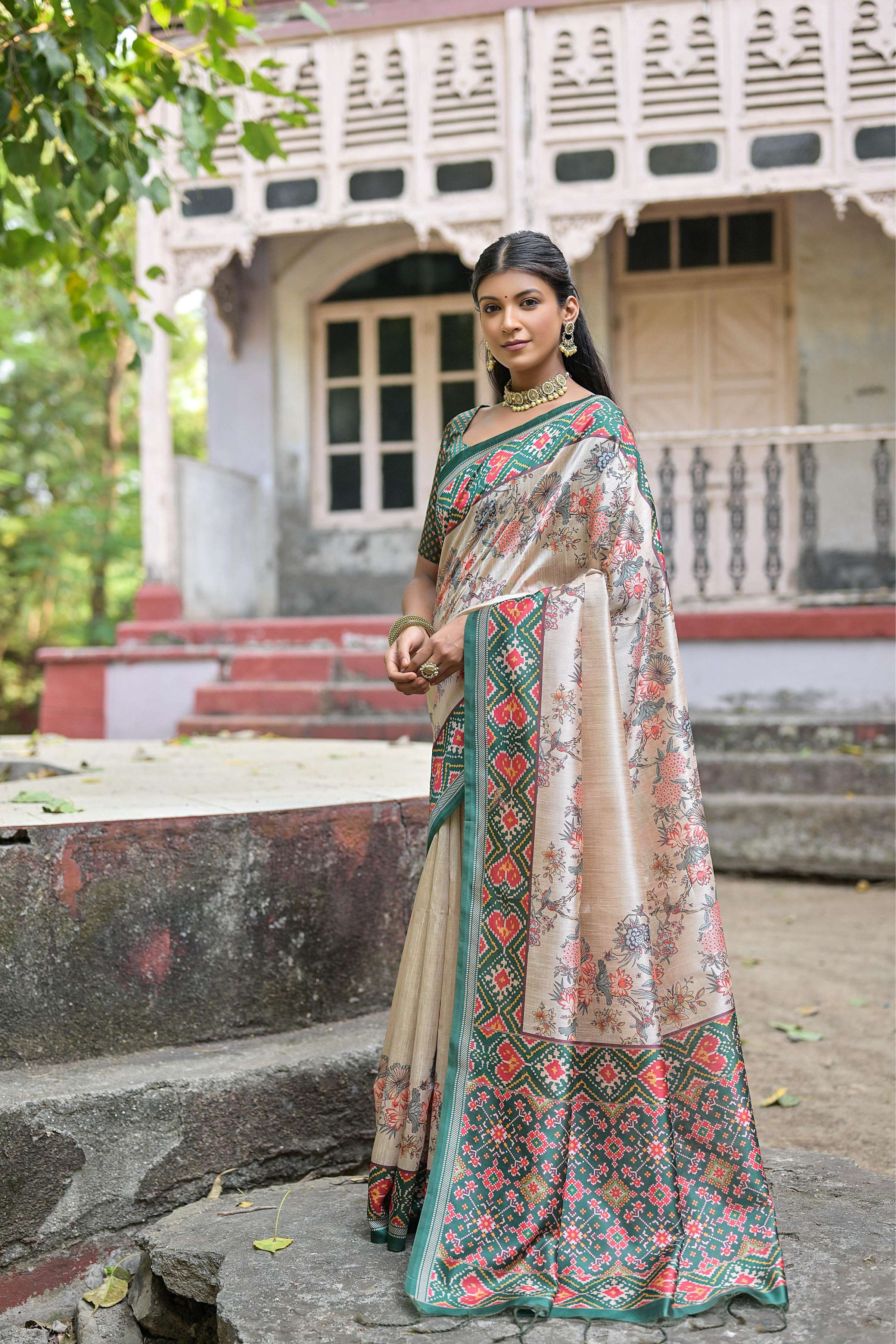 Jyoti Fashion Women's Rama Soft Tussar Silk Floral Printed Saree with Blouse | Grocsy