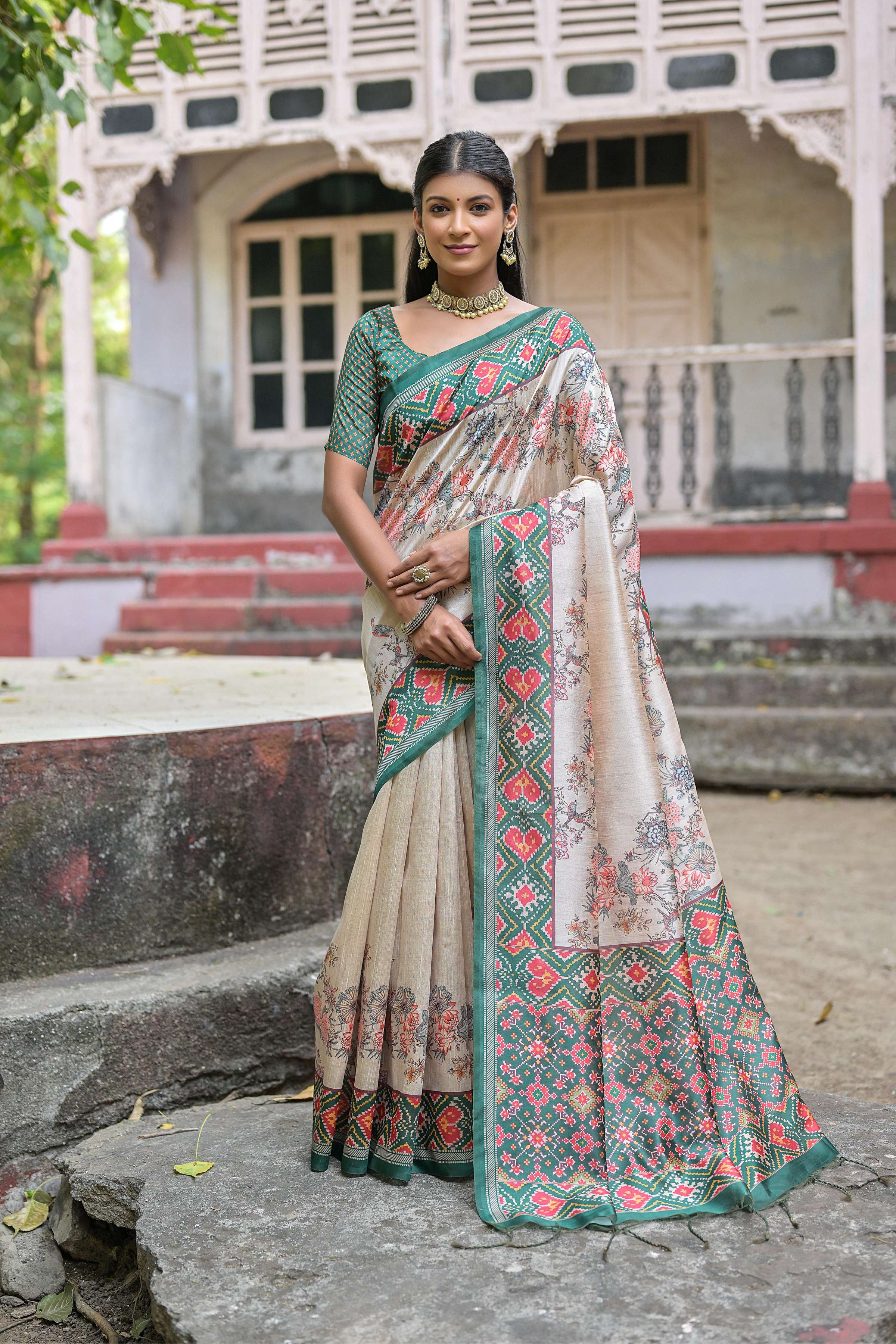 Jyoti Fashion Women's Rama Soft Tussar Silk Floral Printed Saree with Blouse | Grocsy