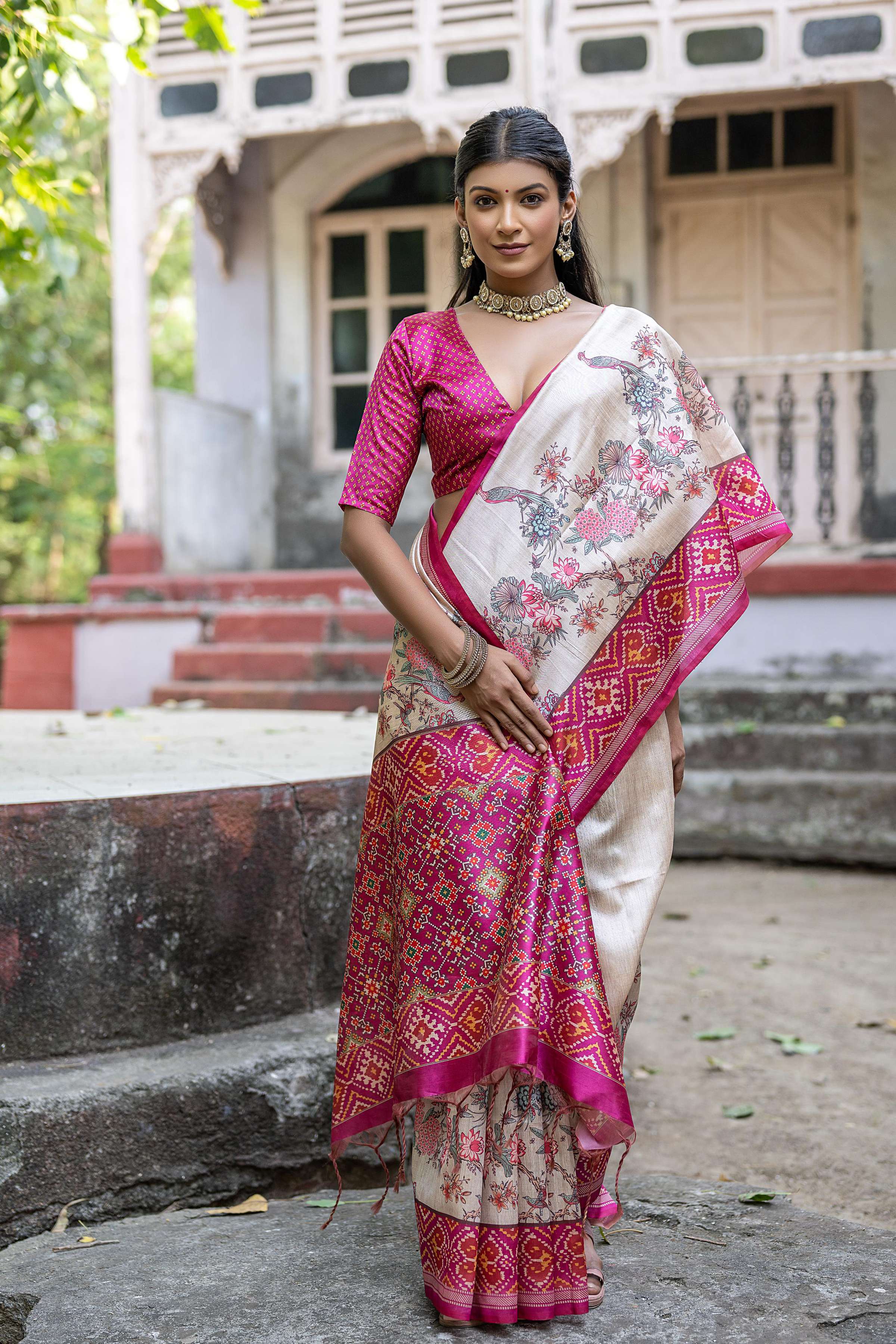 Jyoti Fashion Women's Pink Soft Tussar Silk Floral Printed Saree with Blouse | Grocsy