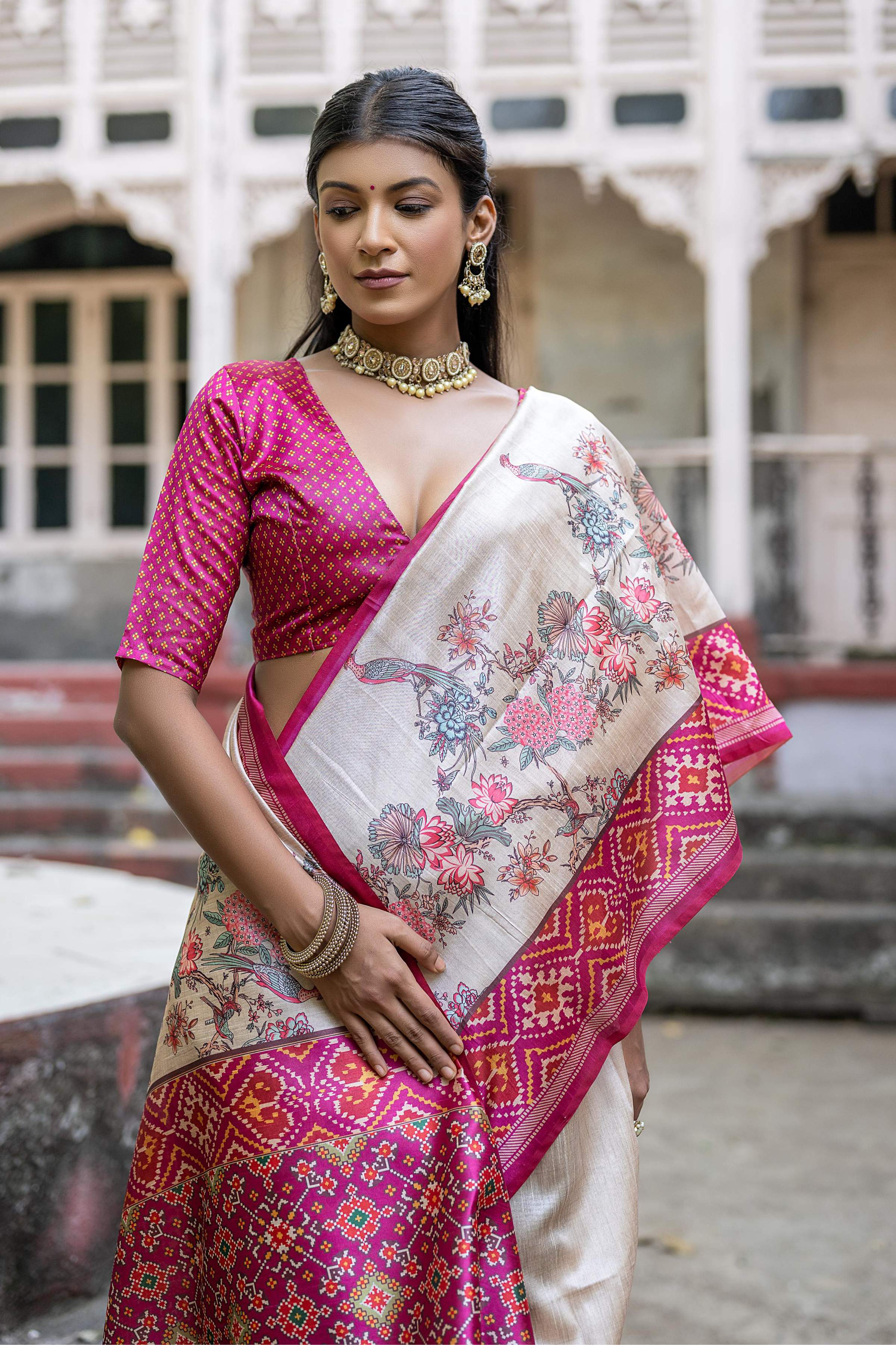 Jyoti Fashion Women's Pink Soft Tussar Silk Floral Printed Saree with Blouse | Grocsy
