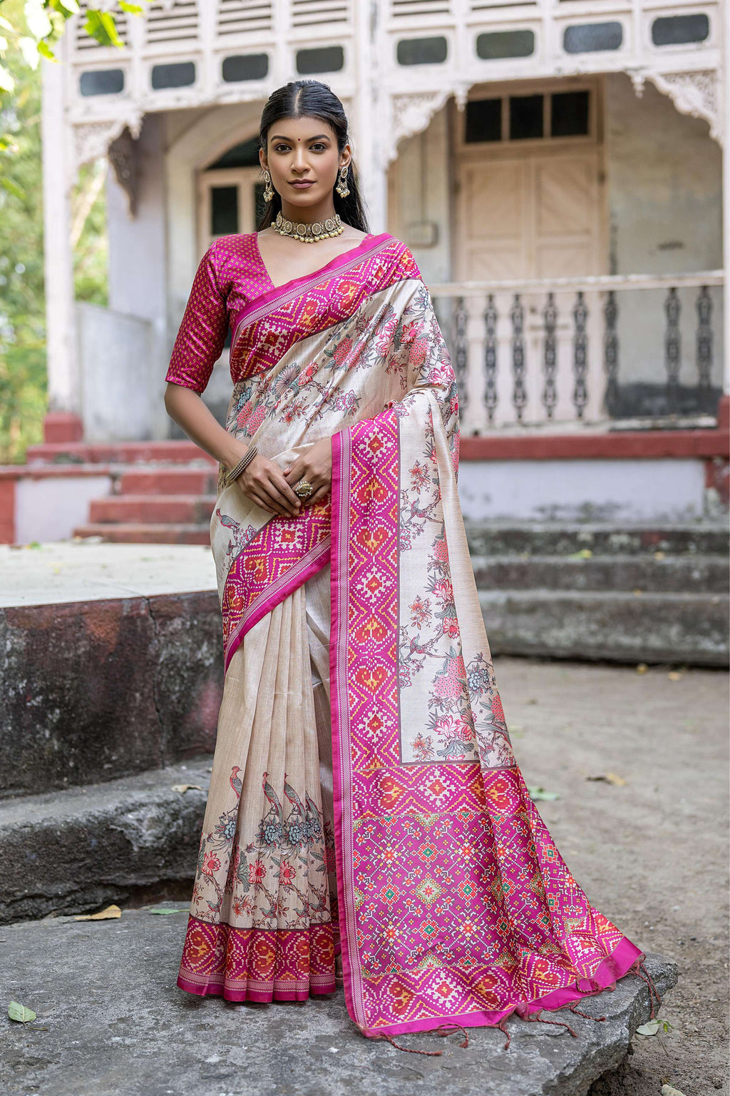 Jyoti Fashion Women's Pink Soft Tussar Silk Floral Printed Saree with Blouse | Grocsy