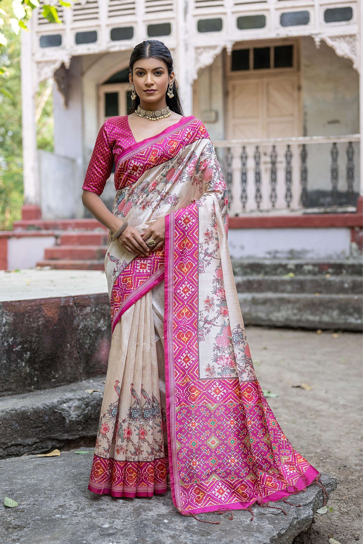 Jyoti Fashion Women's Pink Soft Tussar Silk Floral Printed Saree with Blouse | Grocsy