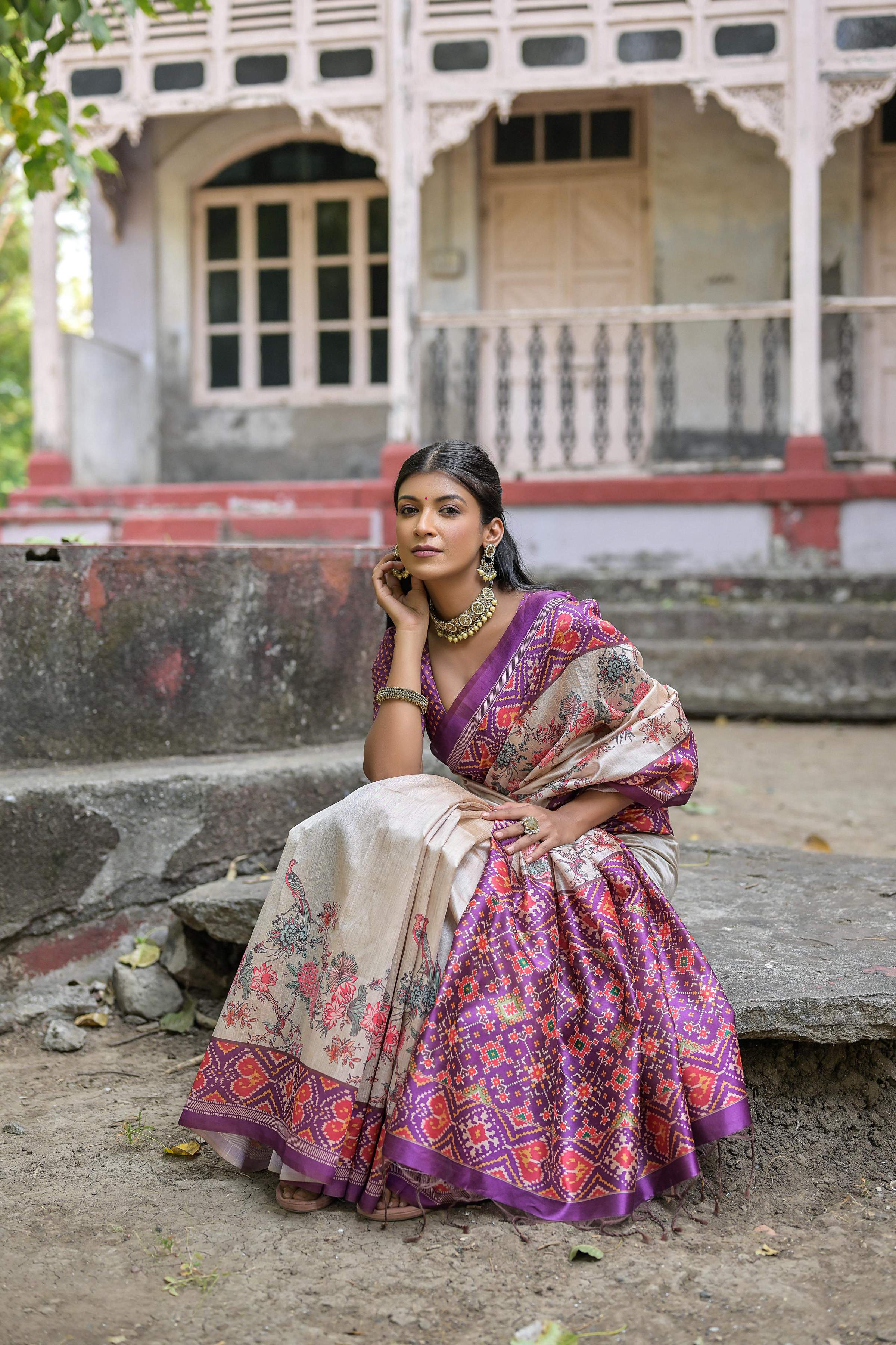 Jyoti Fashion Women's Lavender Soft Tussar Silk Floral Printed Saree with Blouse | Grocsy