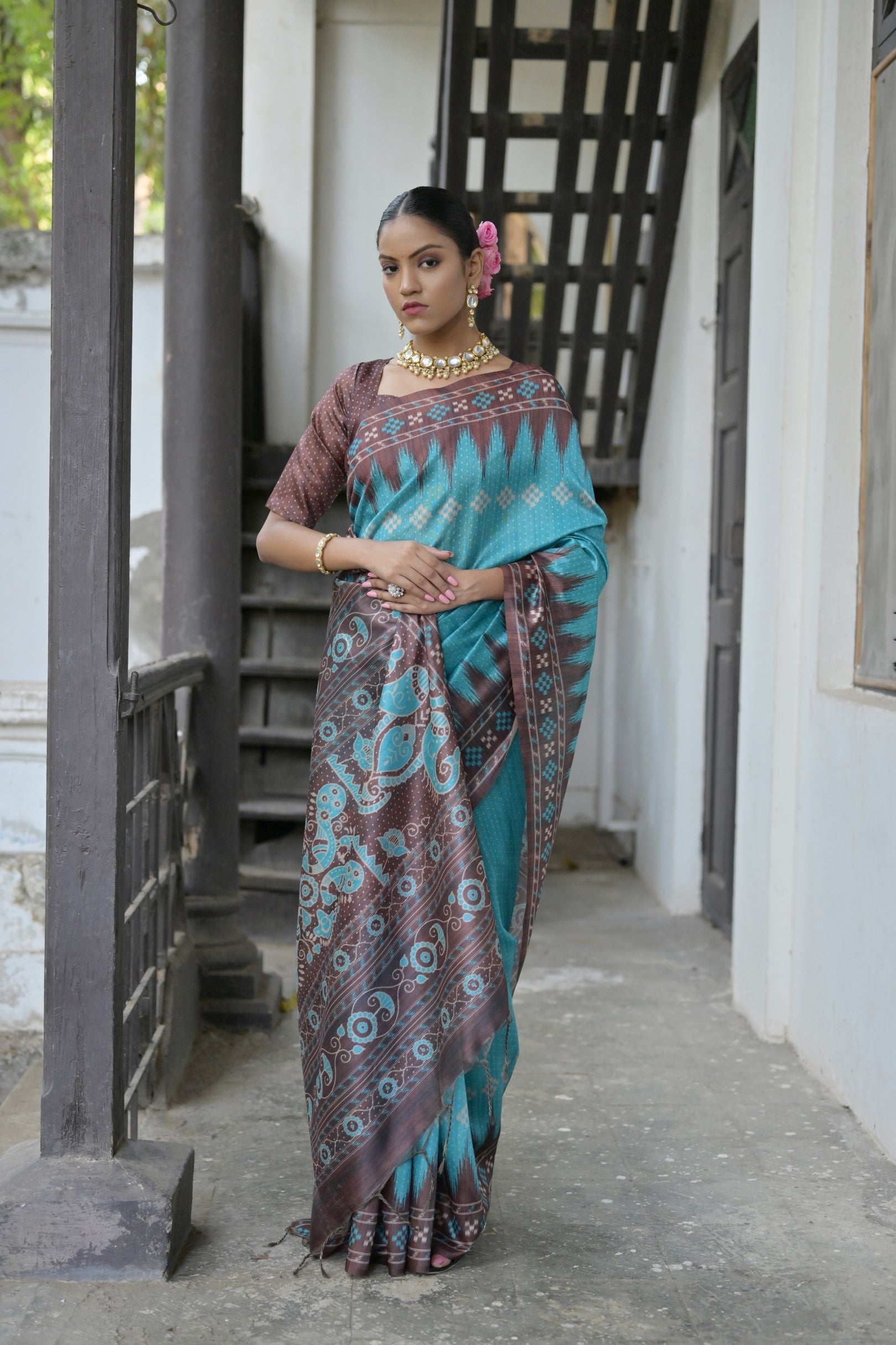 Jyoti Fashion Women's Sky Blue Soft Tussar Silk Temple Border Saree with Blouse | Grocsy