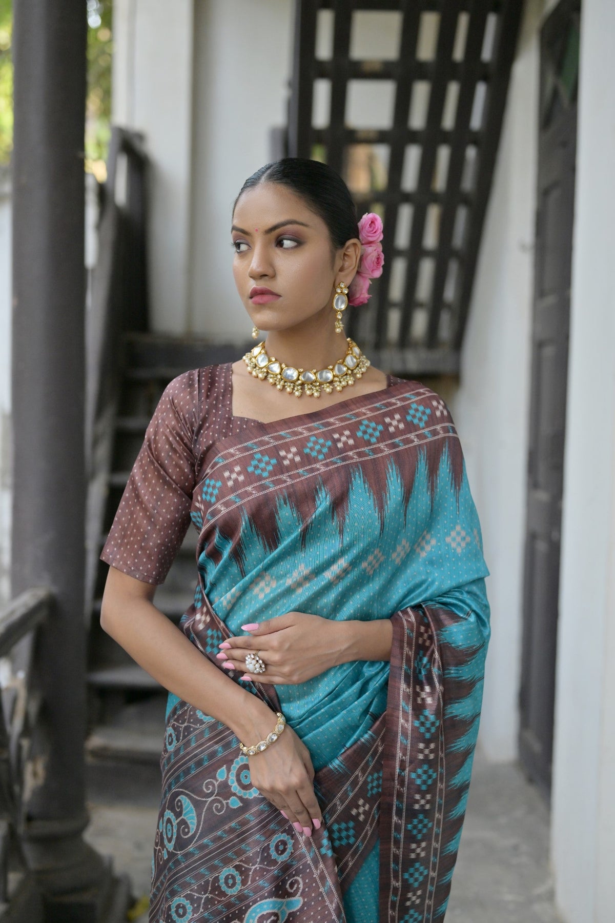 Jyoti Fashion Women's Sky Blue Soft Tussar Silk Temple Border Saree with Blouse | Grocsy