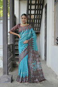 Jyoti Fashion Women's Sky Blue Soft Tussar Silk Temple Border Saree with Blouse | Grocsy
