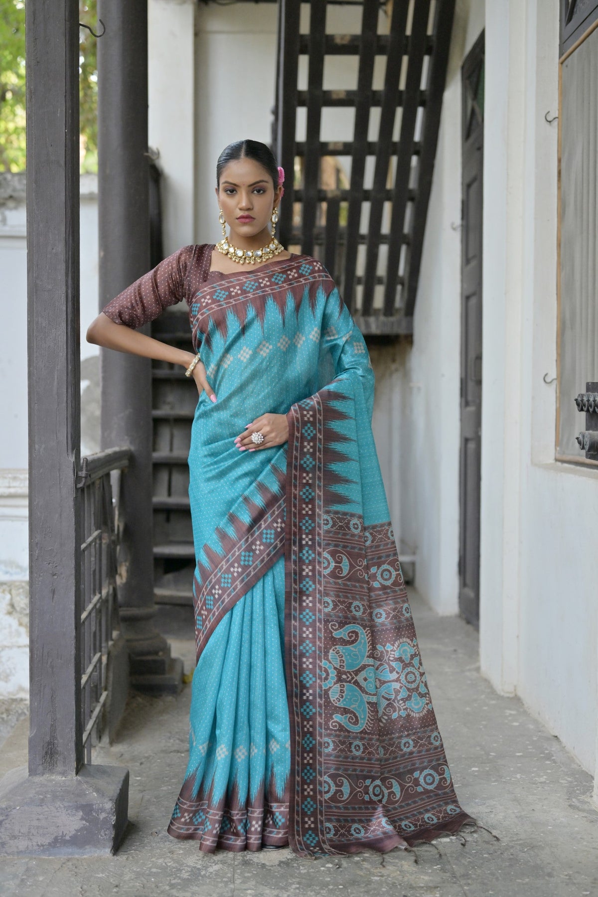 Jyoti Fashion Women's Sky Blue Soft Tussar Silk Temple Border Saree with Blouse | Grocsy