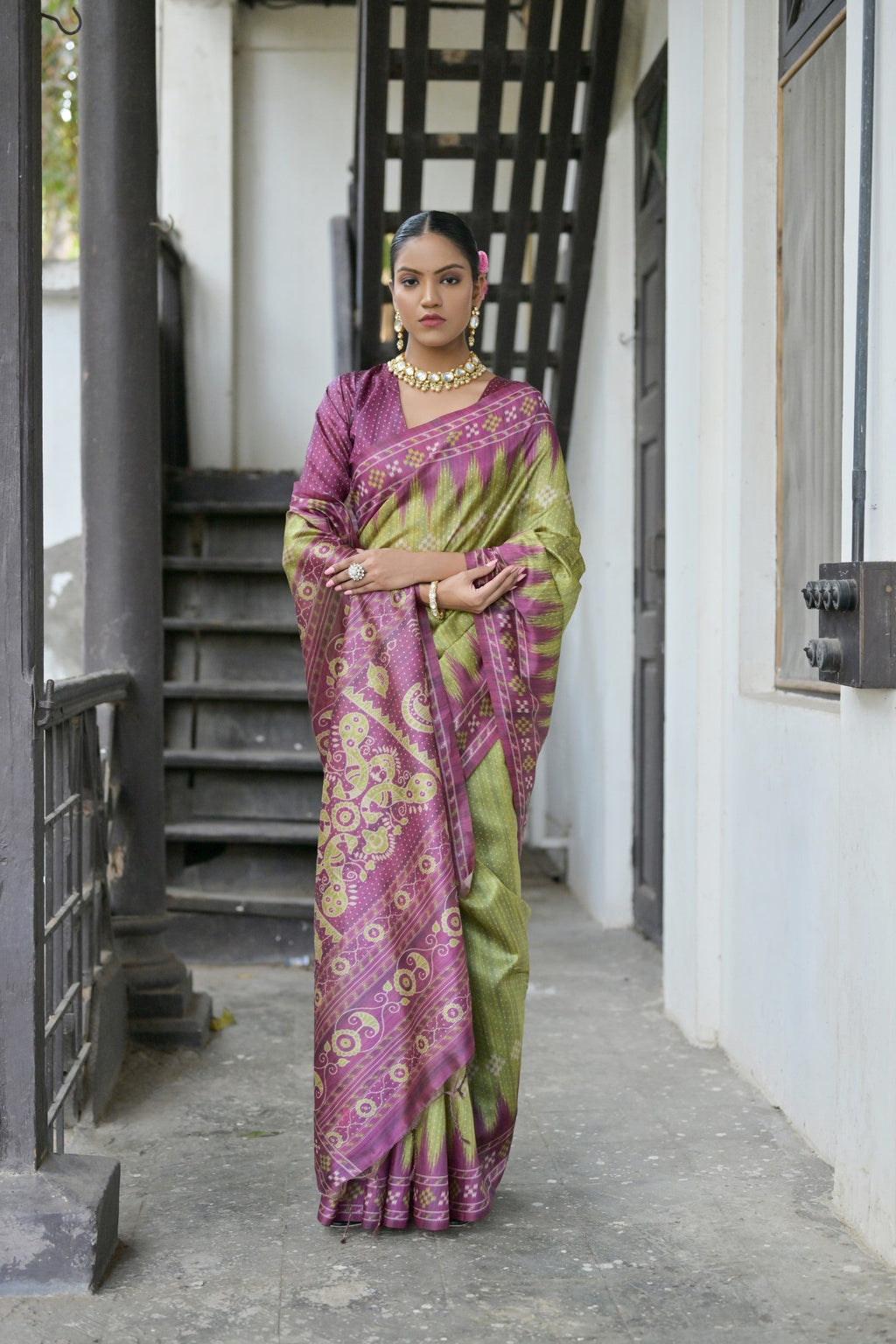 Jyoti Fashion Women's Green Soft Tussar Silk Temple Border Saree with Blouse | Grocsy