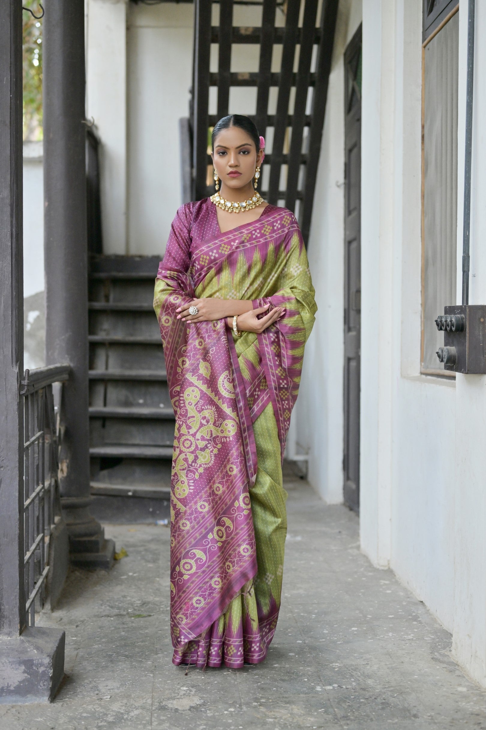Jyoti Fashion Women's Green Soft Tussar Silk Temple Border Saree with Blouse | Grocsy