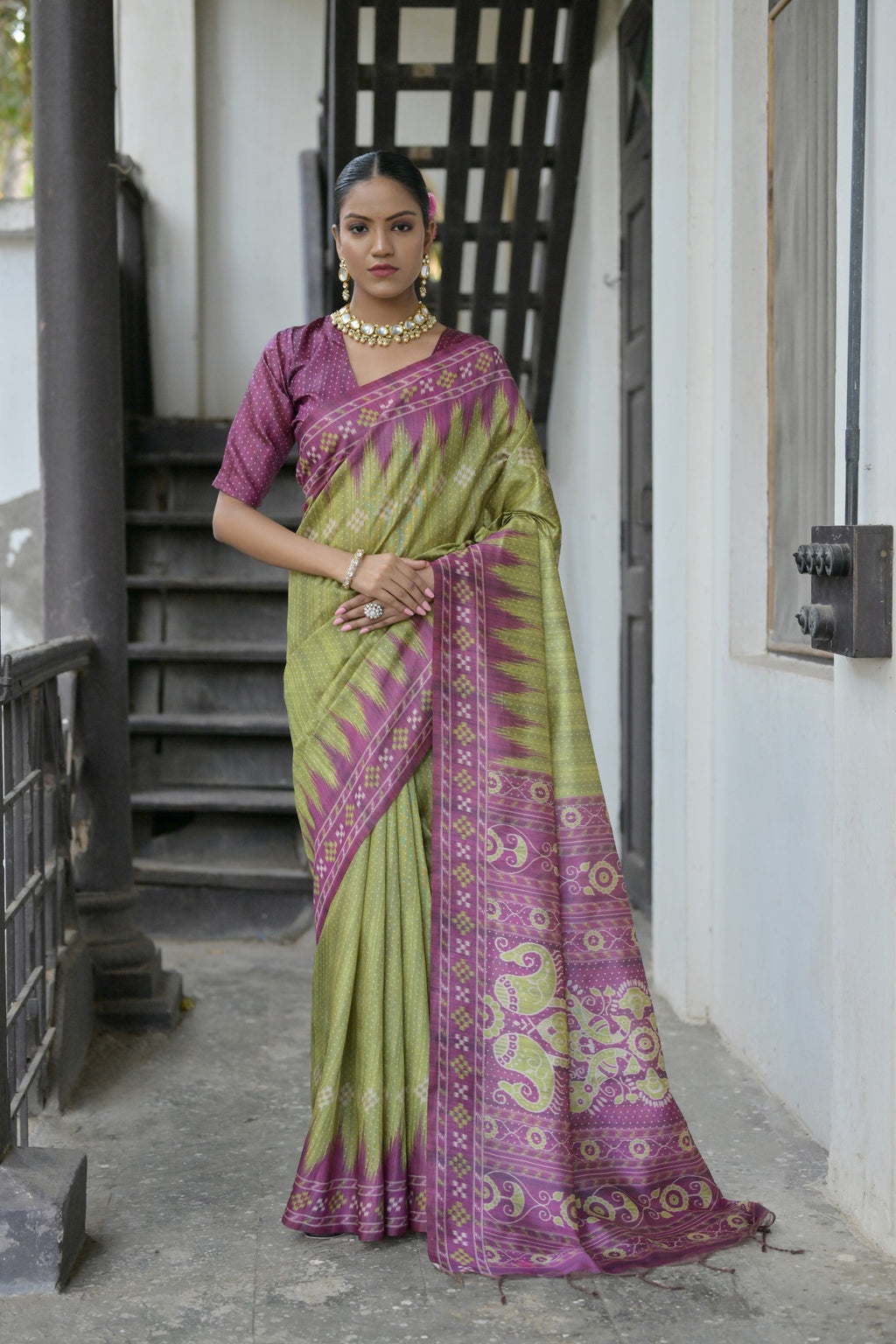 Jyoti Fashion Women's Green Soft Tussar Silk Temple Border Saree with Blouse | Grocsy