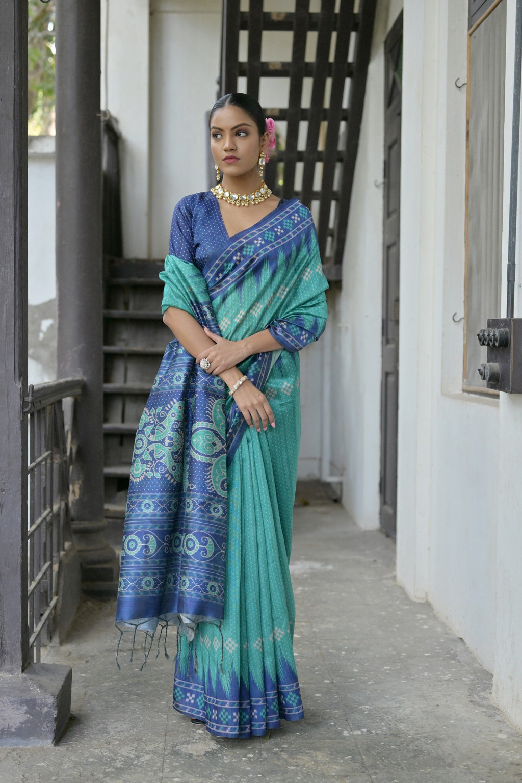 Jyoti Fashion Women's Sea Green Soft Tussar Silk Temple Border Saree with Blouse | Grocsy
