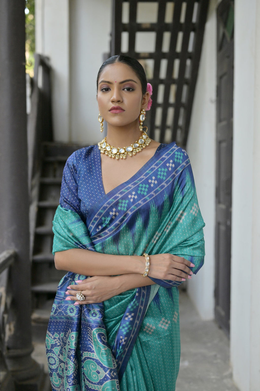 Jyoti Fashion Women's Sea Green Soft Tussar Silk Temple Border Saree with Blouse | Grocsy