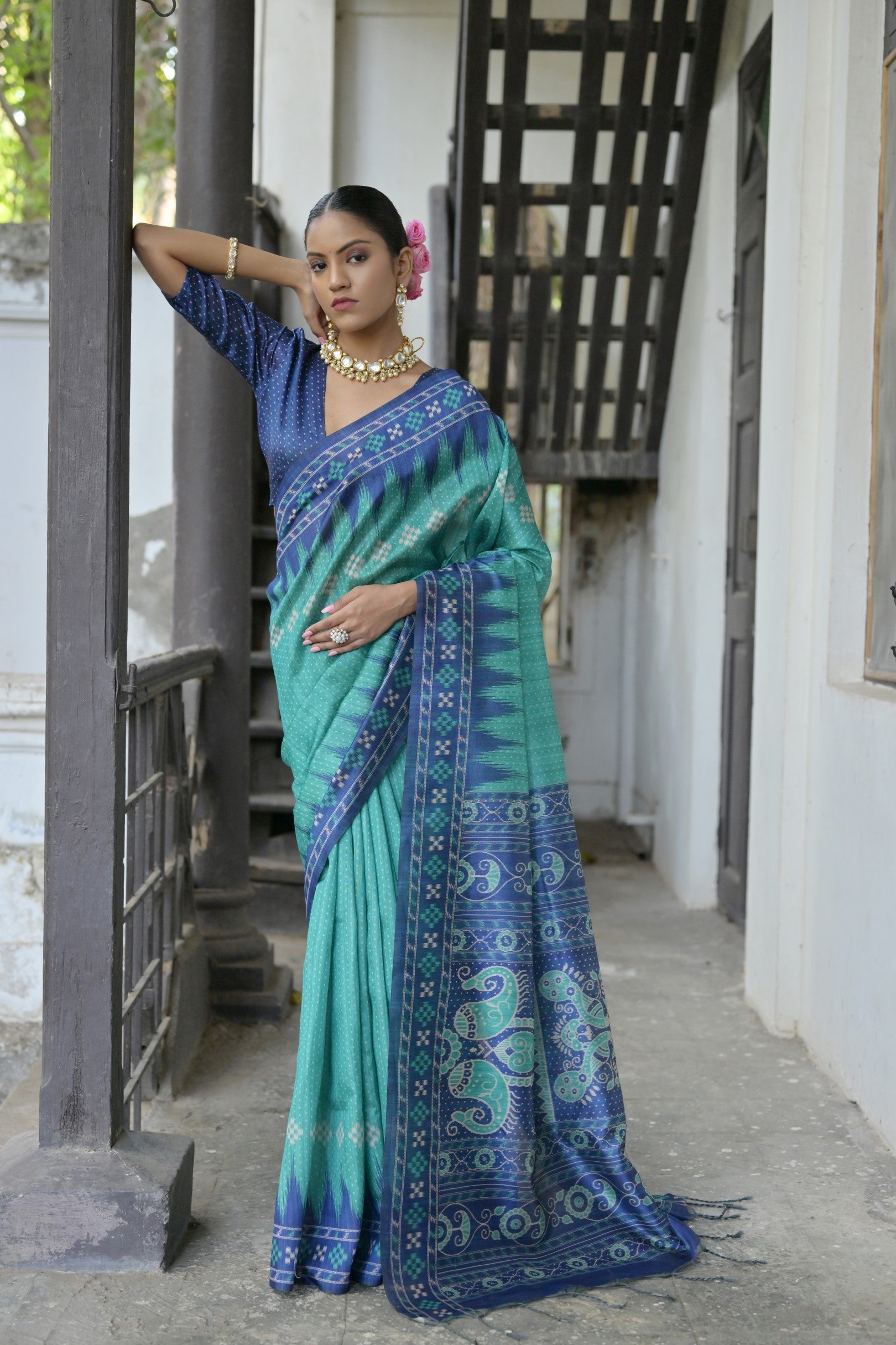 Jyoti Fashion Women's Sea Green Soft Tussar Silk Temple Border Saree with Blouse | Grocsy